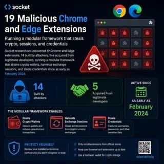 Browser extension icons overlaid with a warning symbol next to a cryptocurrency wallet interface