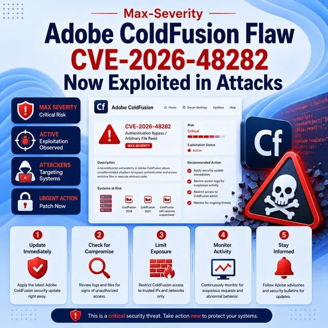 Adobe ColdFusion logo with a critical security warning overlay