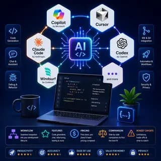 Developer using an AI coding assistant in an IDE with inline suggestions and an agent panel