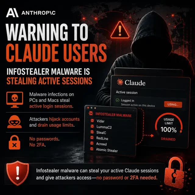Dark cybersecurity news cover showing Anthropic warning Claude users that infostealer malware can steal active login sessions from infected PCs and Macs, hijacking accounts and draining usage limits without passwords or 2FA.