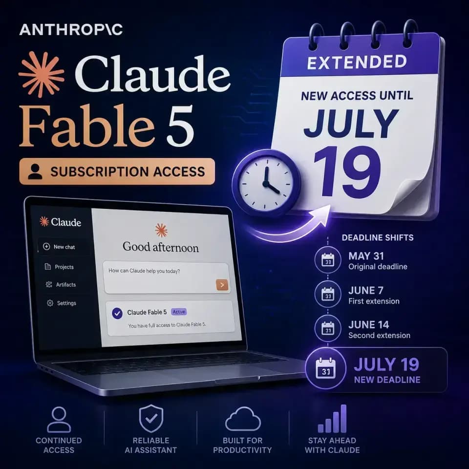 Square news cover showing Anthropic extending Claude Fable 5 subscription access to July 19 after multiple deadline changes.