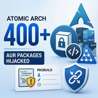 Arch Linux terminal highlighting a modified PKGBUILD install hook that pulls a malicious npm package