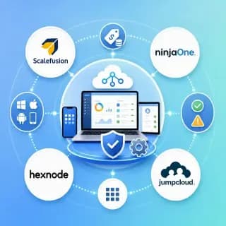 JumpCloud, NinjaOne, Hexnode, and Scalefusion, with Windows, macOS, Android, and mobile platform support icons.