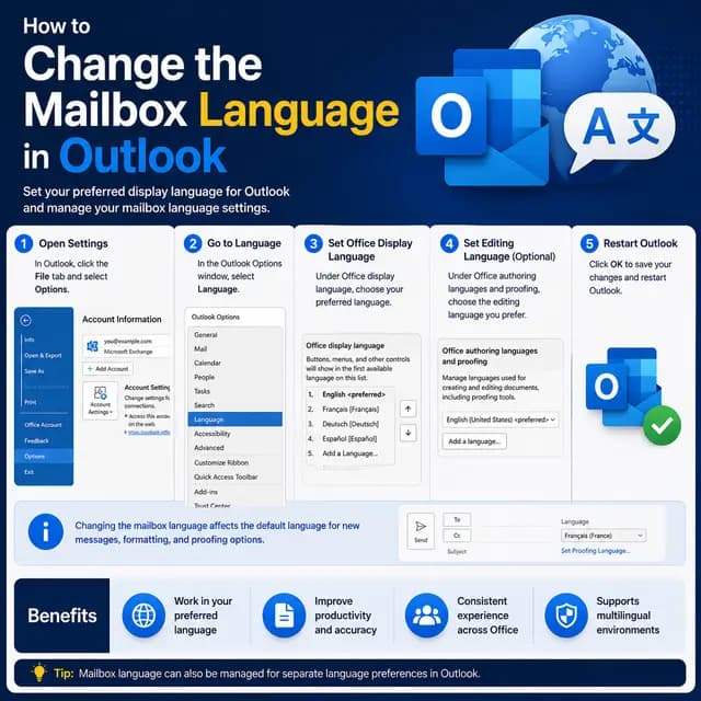 How to change the mailbox language in Microsoft Outlook, with account settings, language selection, restart, verification.