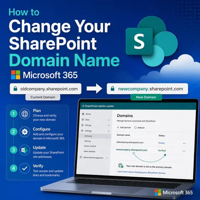 Square tutorial cover showing how to change a SharePoint domain name in Microsoft 365, including domain verification, SharePoint and OneDrive URL updates, testing, communication, and cleanup.
