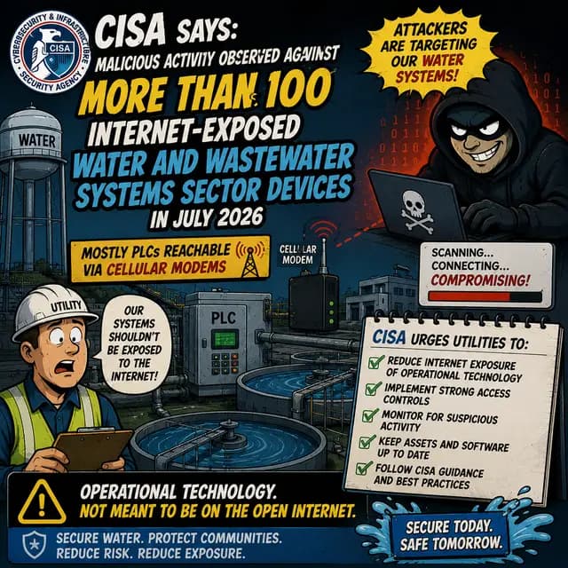 Square meme-style CISA cybersecurity cover warning of malicious activity against more than 100 internet-exposed U.S. water and wastewater sector devices in July 2026, primarily PLCs reachable through cellular modems, with guidance urging utilities to reduce operational technology exposure.
