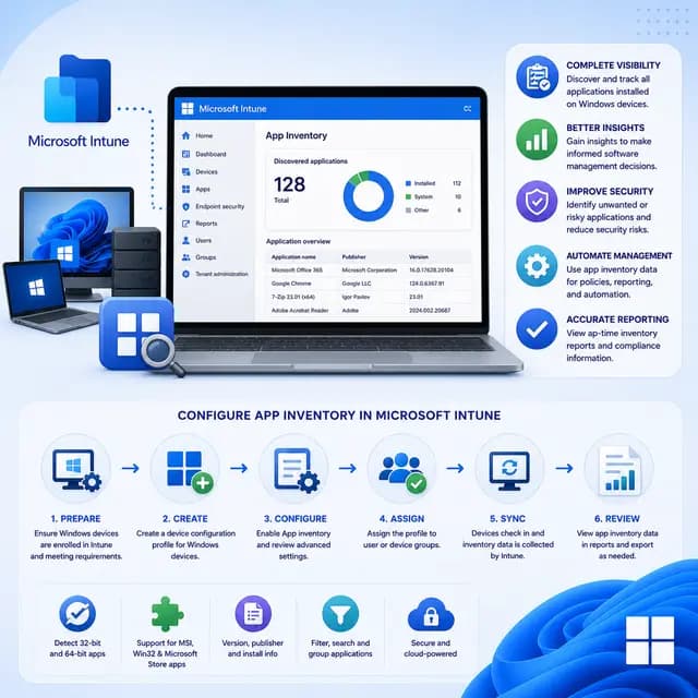 Square tutorial cover showing Microsoft Intune app inventory for Windows devices, with discovered applications, device enrollment, reporting, security insights, synchronization, and management visuals.