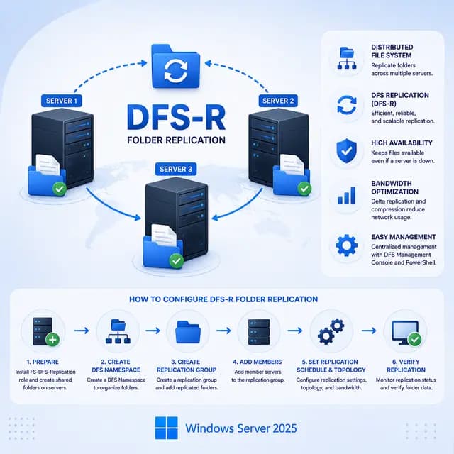 DFS-R folder replication across multiple Windows Server 2025 systems, with synchronized folders, replication paths.