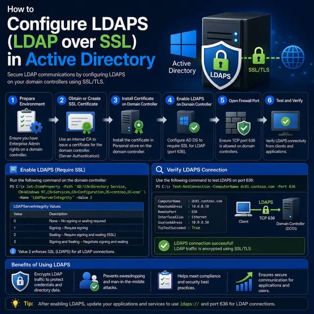 LDAPS configured in Active Directory with an SSL/TLS certificate, LDAP signing, firewall access on port 636.