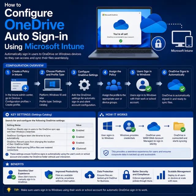 OneDrive automatic sign-in configured through Microsoft Intune, with policy setup, device assignment, secure access.