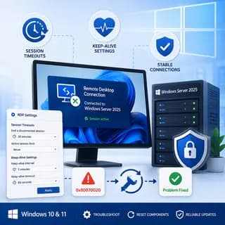 Remote Desktop session timeout and keep-alive settings configured on Windows Server 2025 for stable, secure RDP connections.