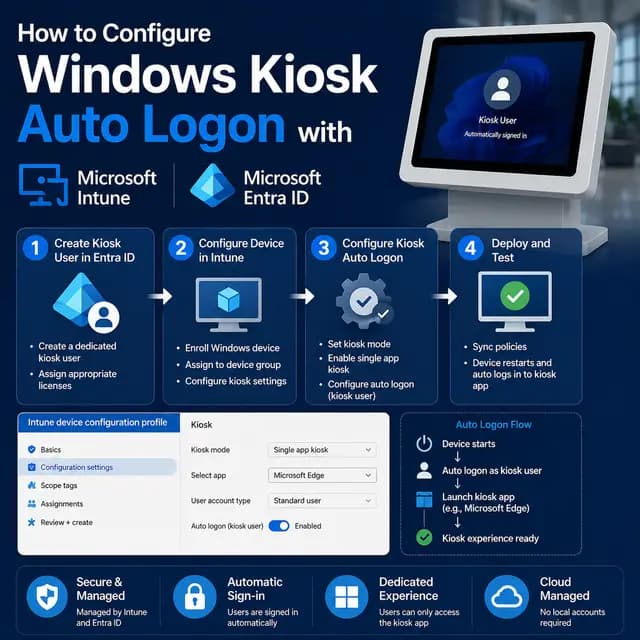 Square tutorial cover showing Windows kiosk auto logon configured with Microsoft Intune and Microsoft Entra ID, including kiosk user creation, group assignment, profile deployment, identity protection, and verification.