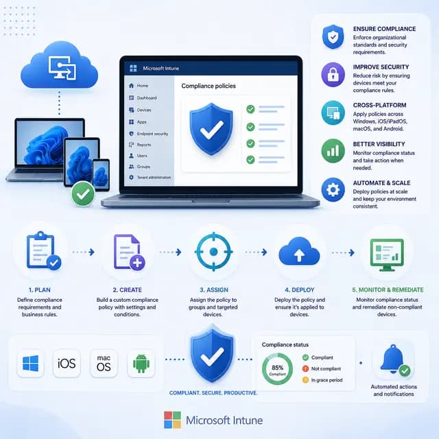 Custom compliance policies created and deployed through Microsoft Intune, with device targeting, cross-platform support.