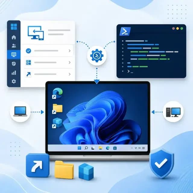 Microsoft Intune deploying PowerShell-created desktop shortcuts to Windows devices, with a script window, management console.