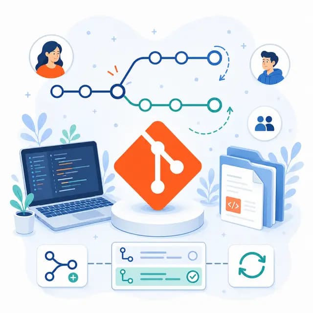 The creation of a new Git branch and switching to it, with branching commit paths, code, project files.