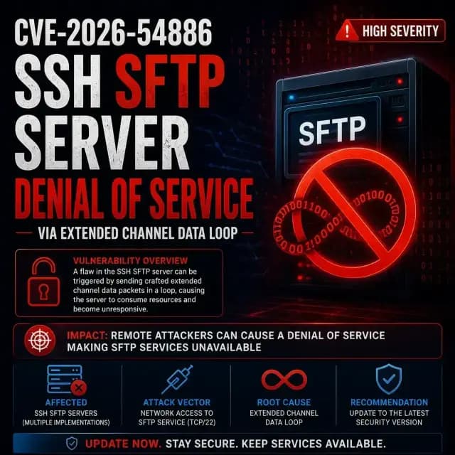 CVE-2026-54886 causing a denial of service in SSH SFTP servers through an extended channel data loop.