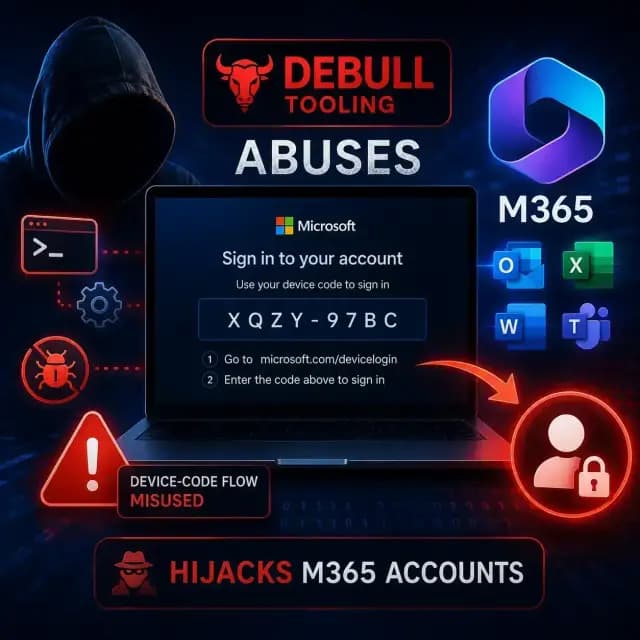DEBULL tooling abusing Microsoft’s device-code sign-in flow to hijack Microsoft 365 accounts.