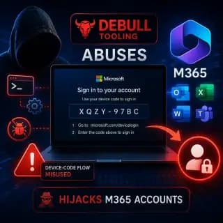 DEBULL tooling abusing Microsoft’s device-code sign-in flow to hijack Microsoft 365 accounts.