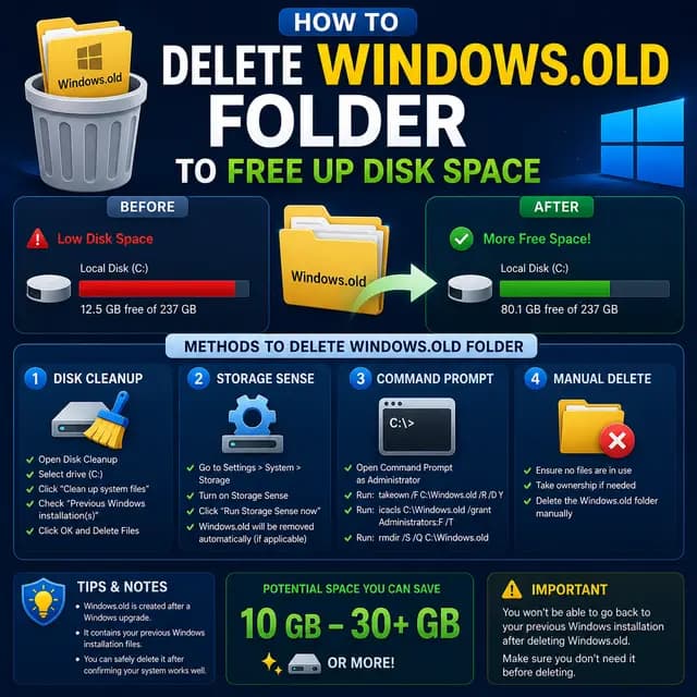 The Windows.old folder being deleted to recover disk space, with before-and-after storage indicators and cleanup method icons.