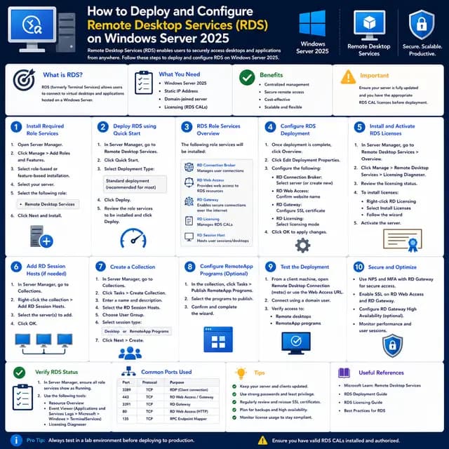 How to deploy and configure Remote Desktop Services on Windows Server 2025, including role installation, session hosts.