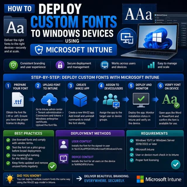 Custom font deployment to Windows devices through Microsoft Intune, with font files, Win32 app packaging.