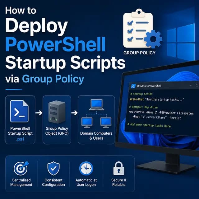 How to deploy PowerShell startup scripts through Group Policy, including SYSVOL storage, GPO creation, script assignment.