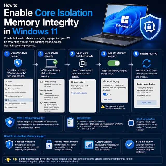 Square tutorial cover showing how to enable Core Isolation Memory Integrity in Windows 11 through Windows Security, with device security, restart, compatibility, and verification visuals.