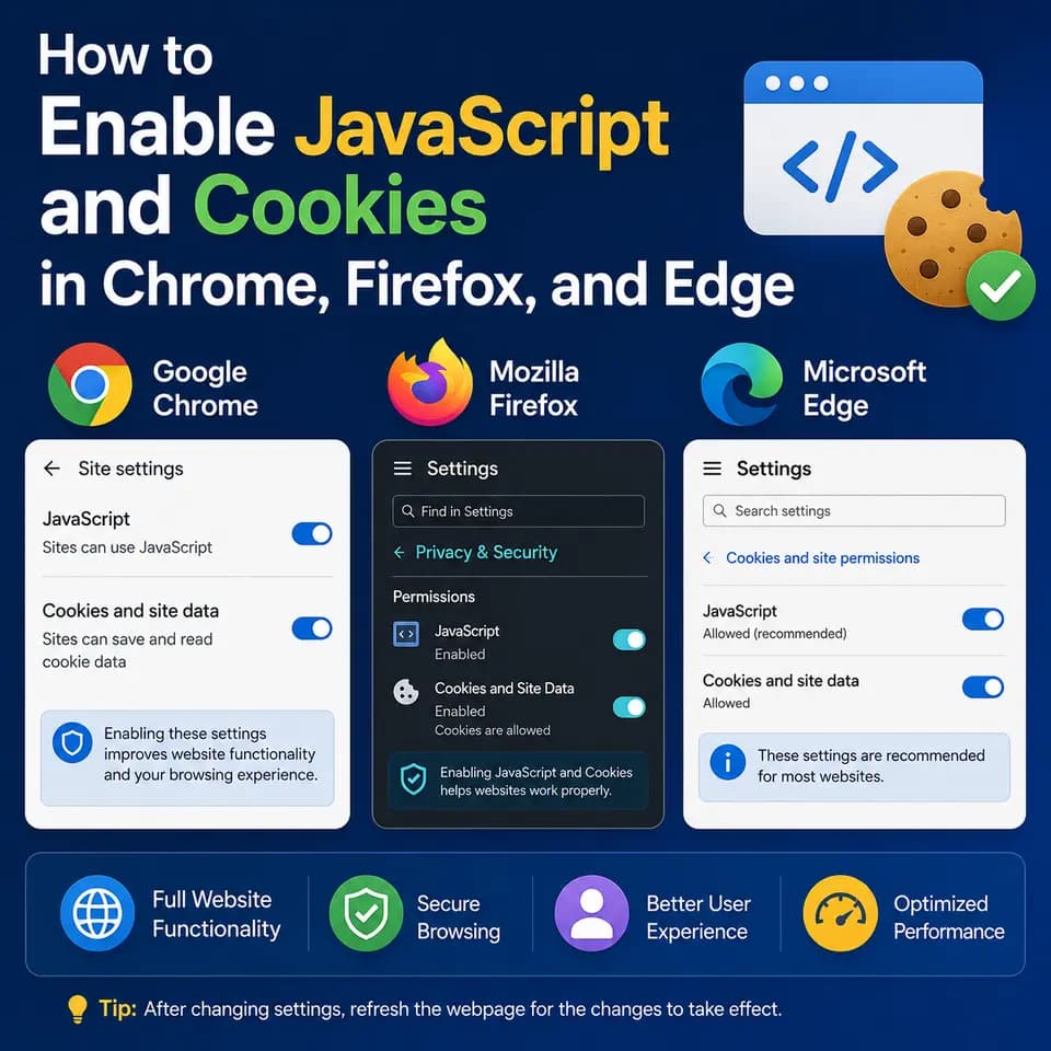 How to enable JavaScript and cookies in Google Chrome, Mozilla Firefox.