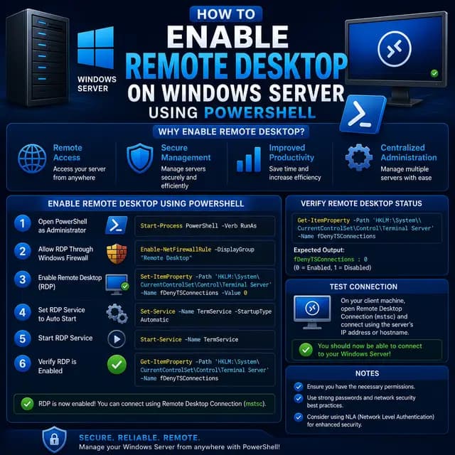 Remote Desktop enabled on Windows Server through PowerShell, with server access, firewall, service configuration.
