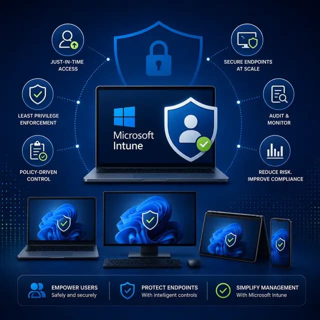 Endpoint Privilege Management in Microsoft Intune, with just-in-time access, least privilege, policy controls, auditing.