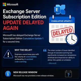 Microsoft Exchange Server logo beside a delayed update notification screen