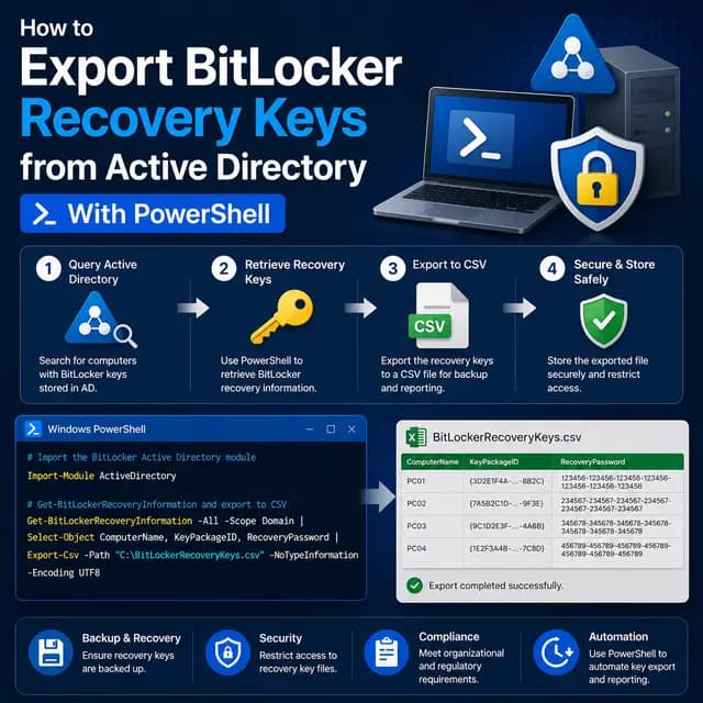 BitLocker recovery keys exported from Active Directory to a CSV file using PowerShell.