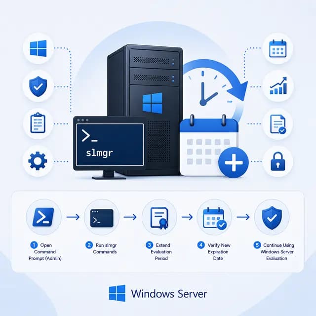 A Windows Server evaluation period being extended with the slmgr command, with calendar, expiration, verification.