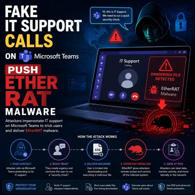 Microsoft Teams call window showing an "External unfamiliar" caller label impersonating IT support