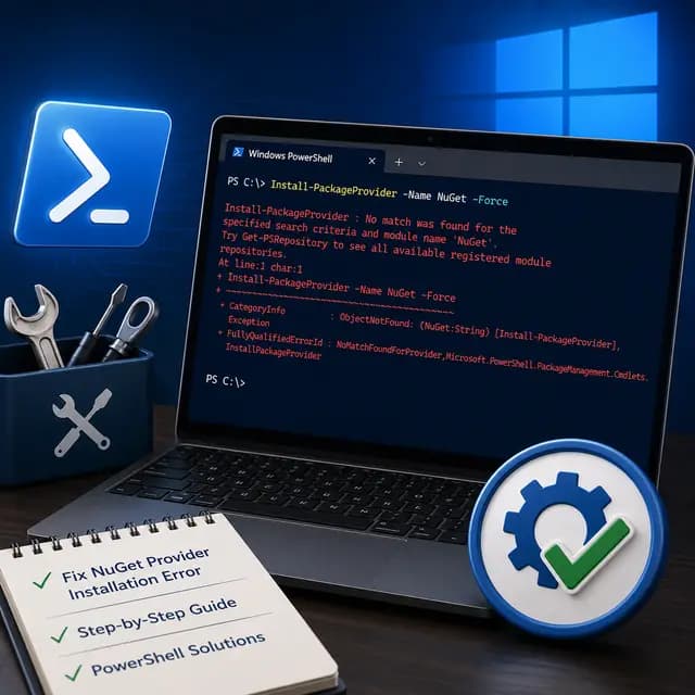 A NuGet provider installation error in Windows PowerShell, with troubleshooting tools and a successful repair indicator.