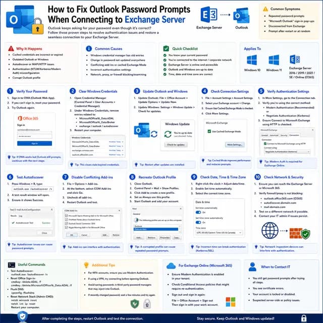 How to fix repeated Outlook password prompts when connecting to Exchange Server, including credential cleanup, updates.