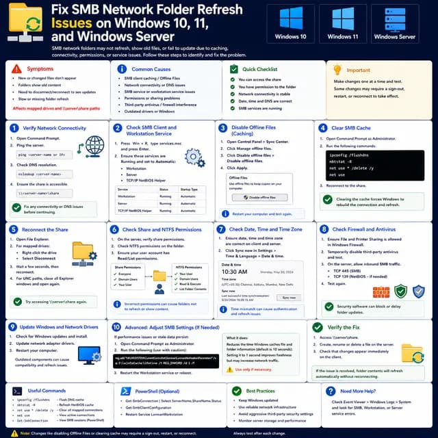 How to fix SMB network folder refresh issues on Windows 10, Windows 11, and Windows Server, including connectivity.
