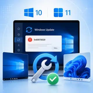 Windows Update error 0x80070020 on Windows 10 and Windows 11, with repair tools, retry arrows, and a successful fix indicator.