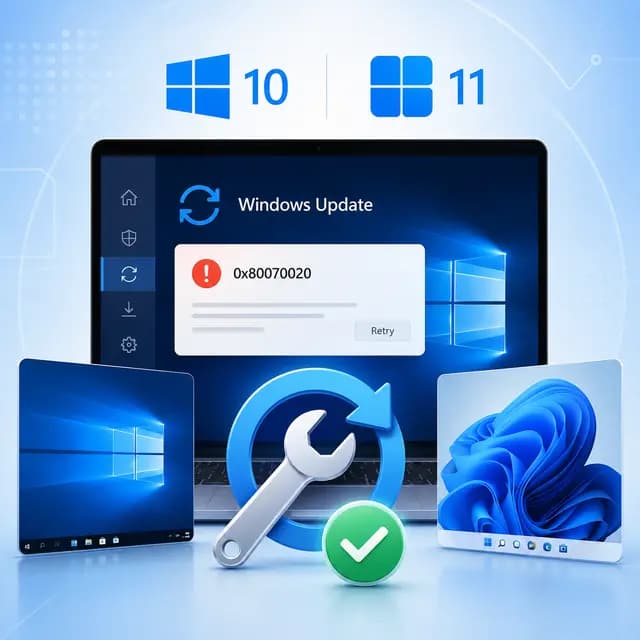 Windows Update error 0x80070020 on Windows 10 and Windows 11, with repair tools, retry arrows, and a successful fix indicator.