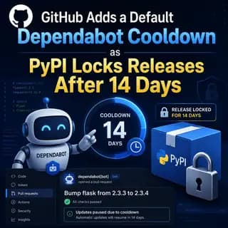 Developer reviewing an automated dependency update pull request, illustrating the new default three-day Dependabot cooldown