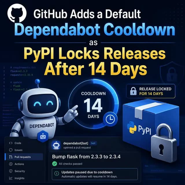 Developer reviewing an automated dependency update pull request, illustrating the new default three-day Dependabot cooldown