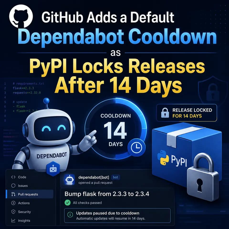 Developer reviewing an automated dependency update pull request, illustrating the new default three-day Dependabot cooldown