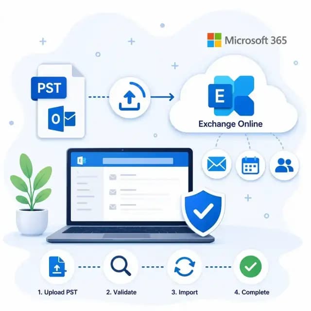 PST file migration from Outlook into Exchange Online in Microsoft 365, with upload, validation, import, and completion icons.