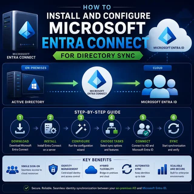 Microsoft Entra Connect synchronizing identities from on-premises Active Directory to Microsoft Entra ID, with installation.