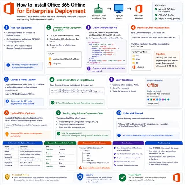 How to install Microsoft 365 Apps offline for enterprise deployment using the Office Deployment Tool, configuration XML.