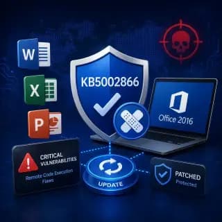 The KB5002866 patch protecting Microsoft Office 2016 applications from two critical remote code execution vulnerabilities.