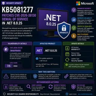 Microsoft update KB5081277, which patches CVE-2026-26130, a denial-of-service vulnerability affecting .NET 8.0.25.