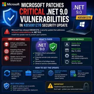 Microsoft security update KB5081278, which patches critical vulnerabilities in .NET 9.0.