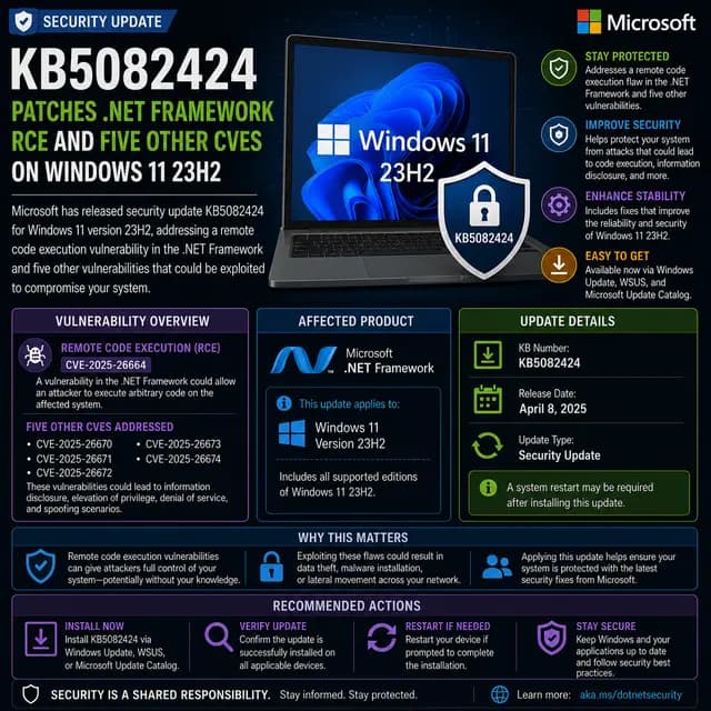 Microsoft update KB5082424, which patches a .NET Framework remote code execution vulnerability and five additional CVEs.
