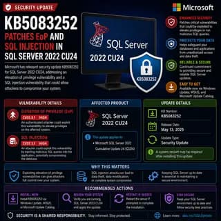 Microsoft update KB5083252, which patches elevation-of-privilege and SQL injection vulnerabilities in SQL Server 2022 CU24.